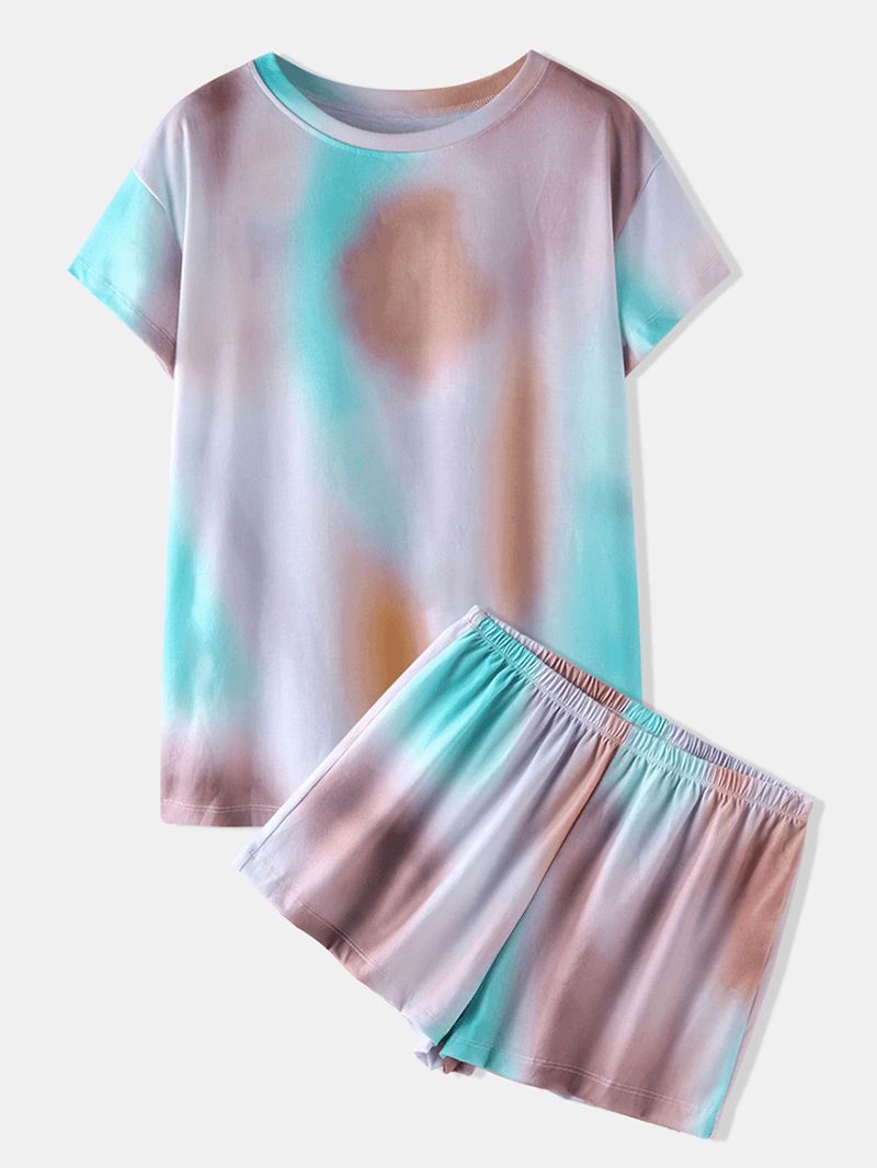 Tie Dye Med Tryk Loungewear Sæt Dradient Kortærmet Todelt Pyjamas