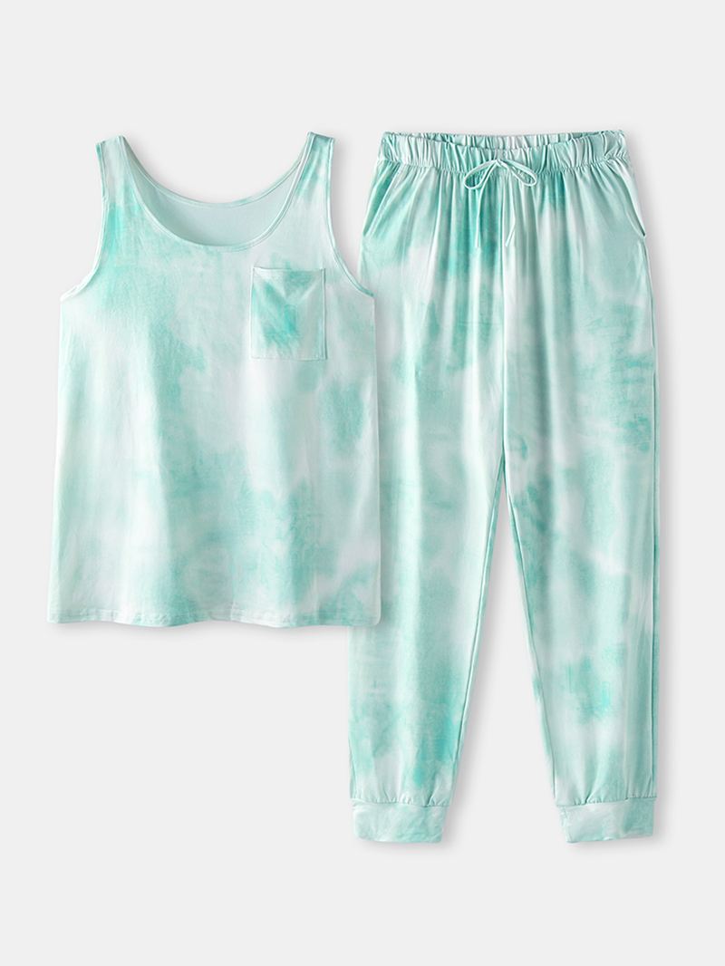 Tie Dye Med Tryk Sports Loungewear Sæt Tank Top Beam Feet Ærmeløse Todelt Sæt