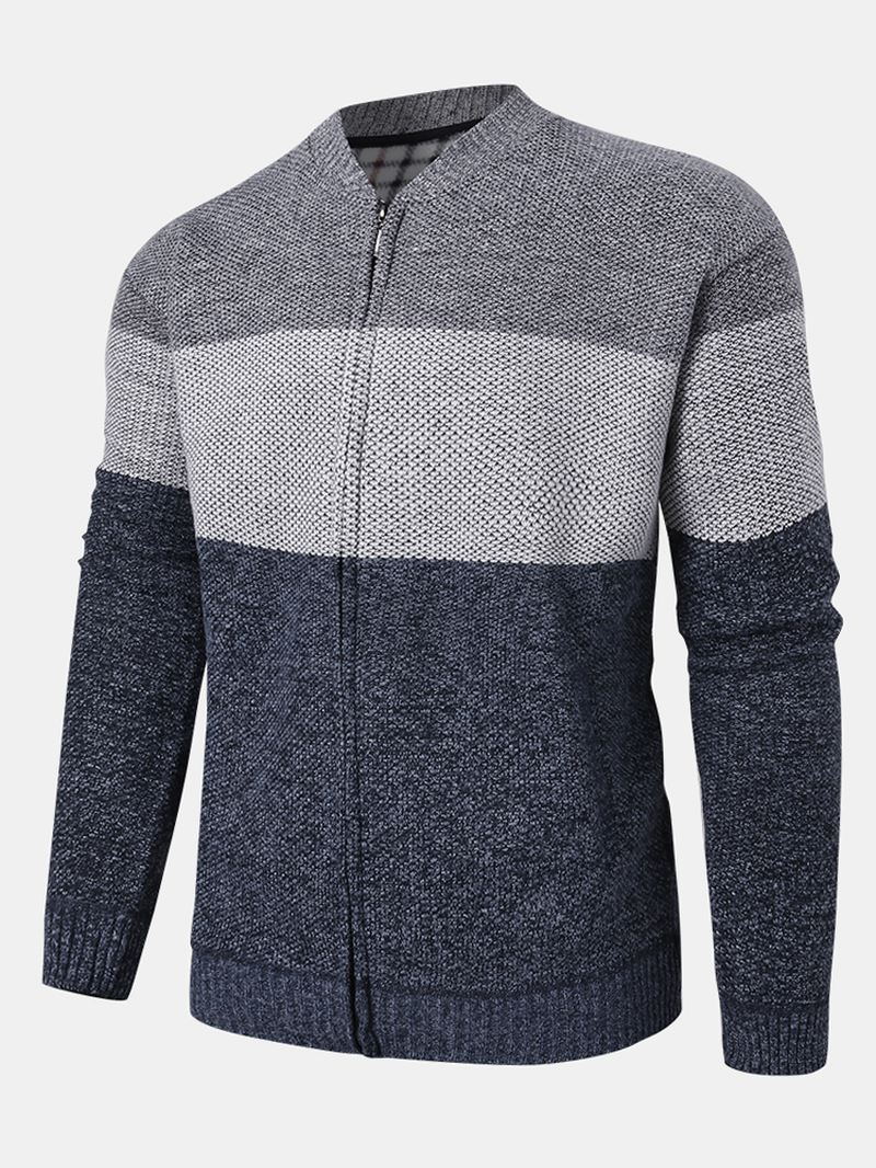 Herre Colorblock Strikket Lynlås Baseballkrave Sweater Cardigans