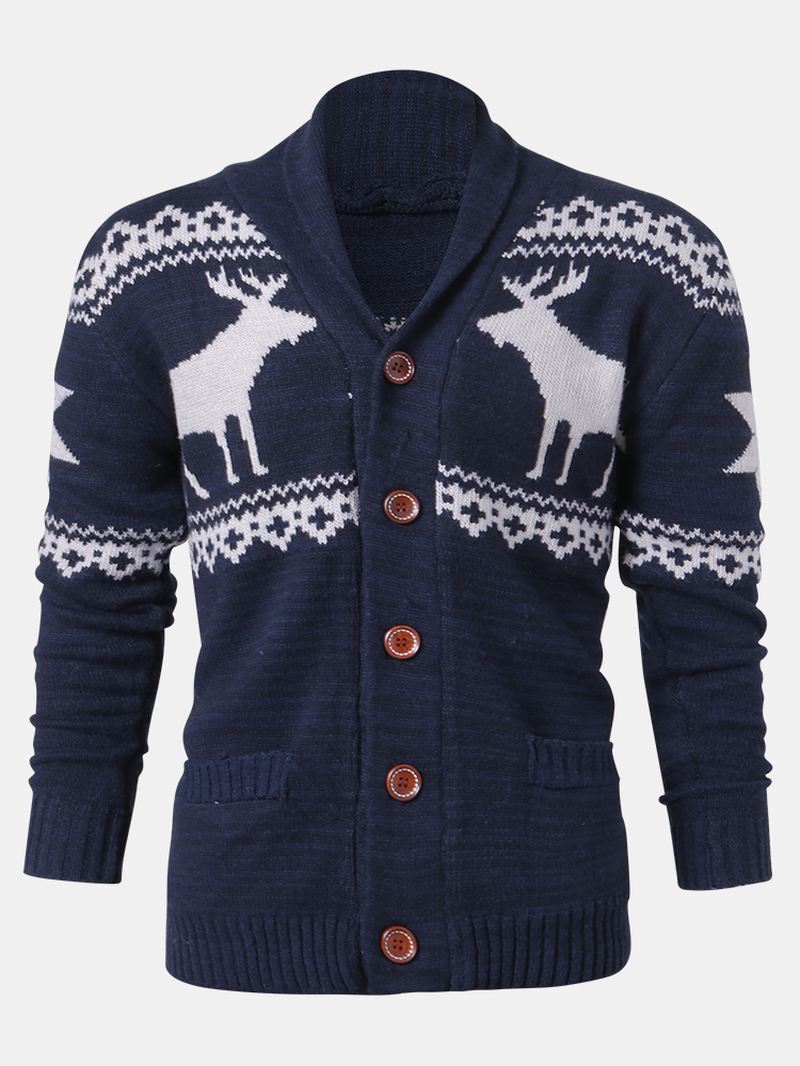 Herre Jul Rensdyr Knap Tyk Varm Casual Strikket Cardigan Sweater