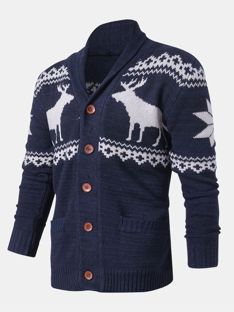 Herre Jul Rensdyr Knap Tyk Varm Casual Strikket Cardigan Sweater