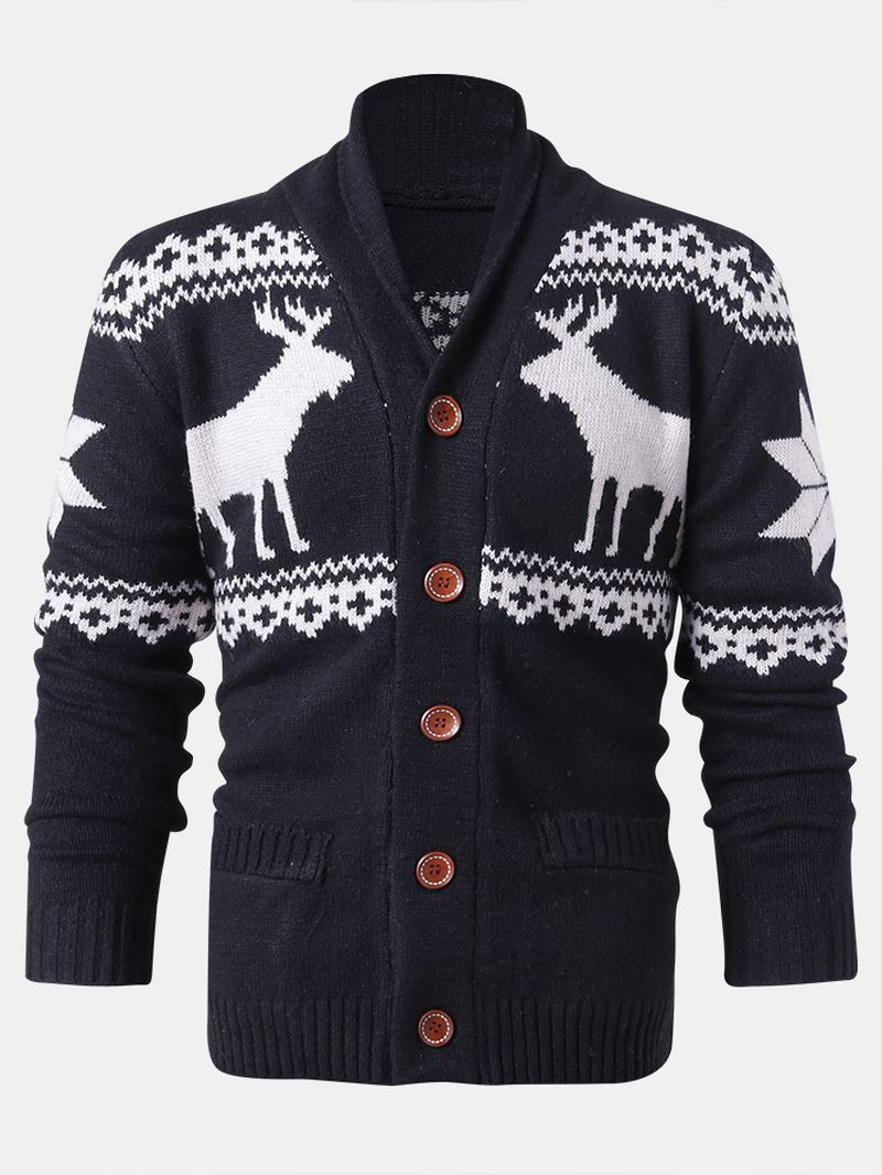 Herre Jul Rensdyr Knap Tyk Varm Casual Strikket Cardigan Sweater