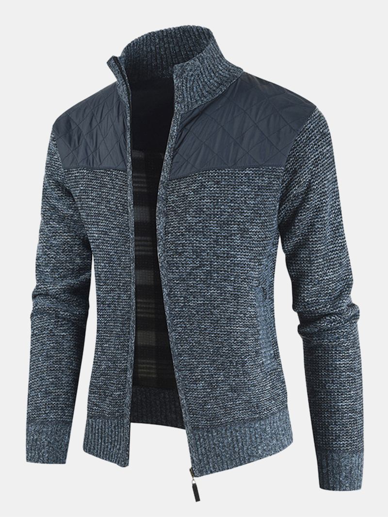 Herre Patchwork Zip Front Stand Krave Strik Casual Cardigans Med Lomme