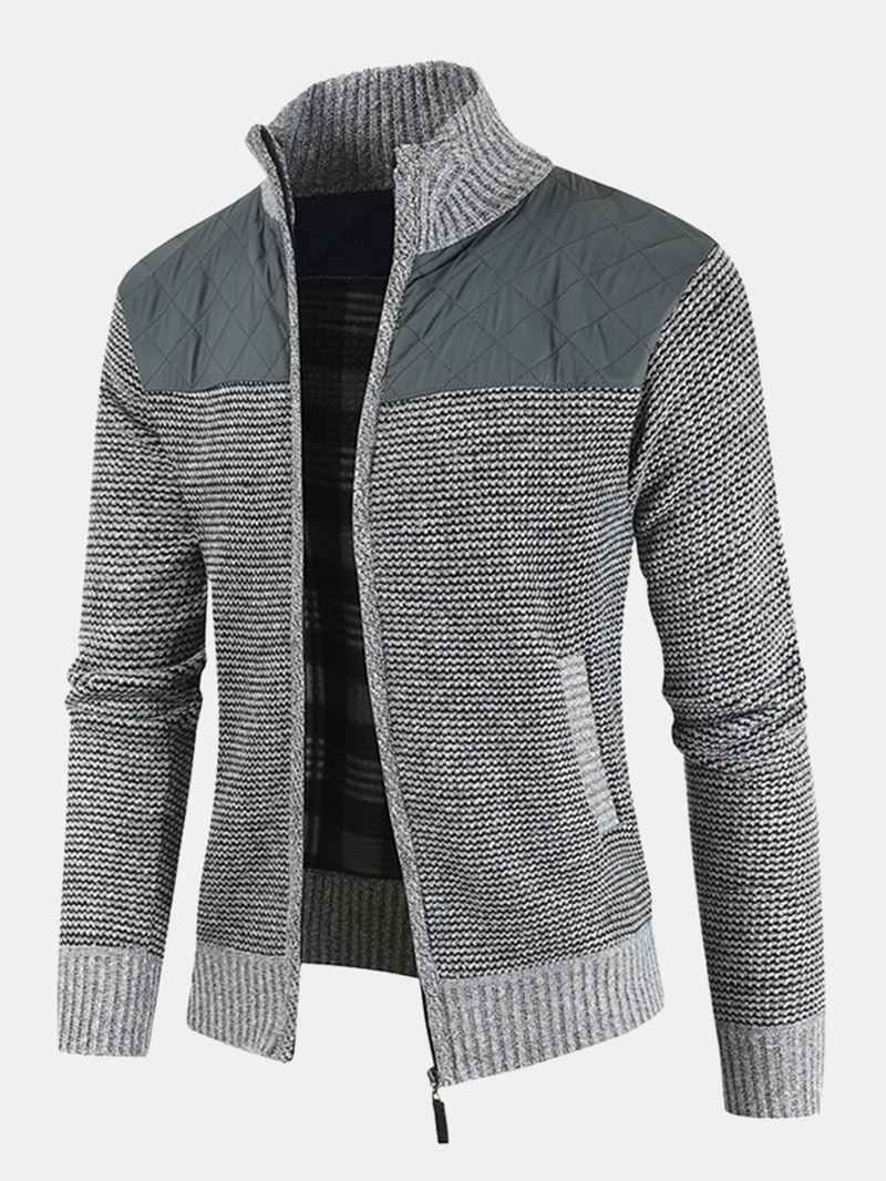 Herre Patchwork Zip Front Stand Krave Strik Casual Cardigans Med Lomme