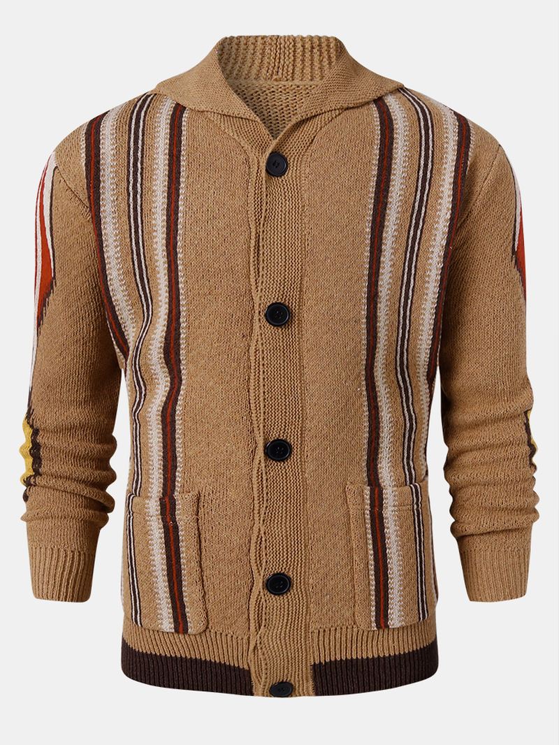 Herre Stripe Button Up Lapel Strik Casual Cardigans Med Dobbelt Lomme