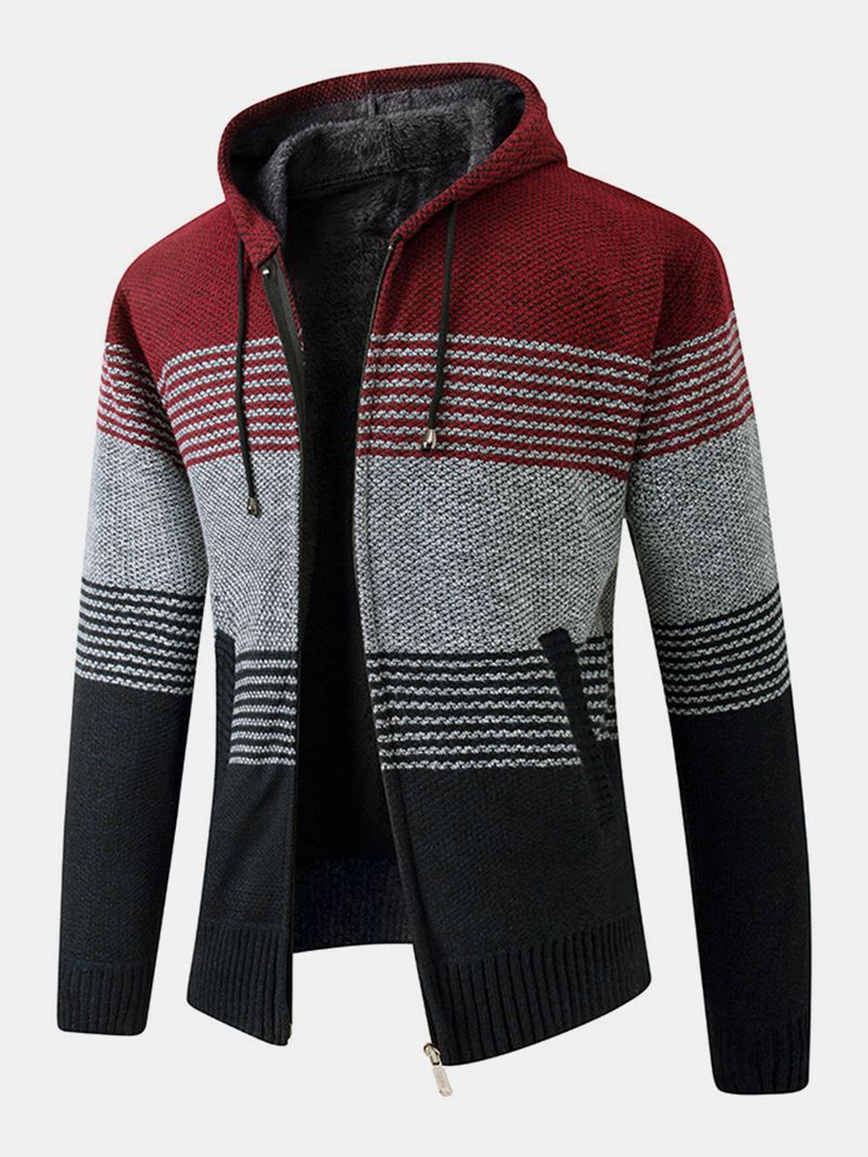 Herre Stripe Colorblock Strikket Fleeceforet Varm Hættecardigans Med Lomme