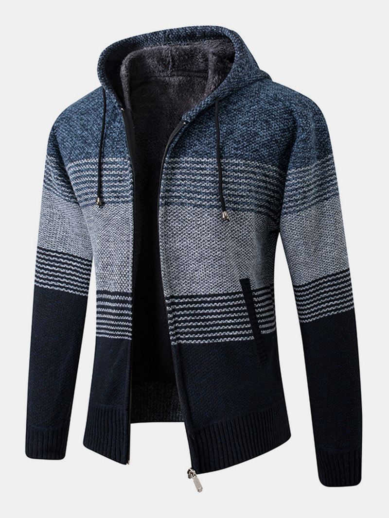 Herre Stripe Colorblock Strikket Fleeceforet Varm Hættecardigans Med Lomme