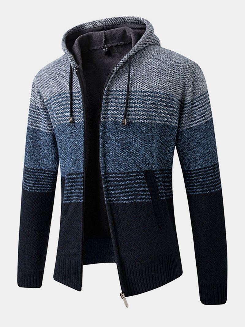 Herre Stripe Colorblock Strikket Fleeceforet Varm Hættecardigans Med Lomme