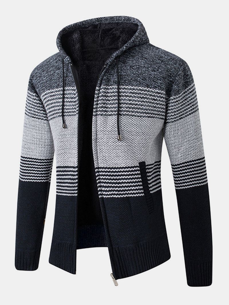 Herre Stripe Colorblock Strikket Fleeceforet Varm Hættecardigans Med Lomme