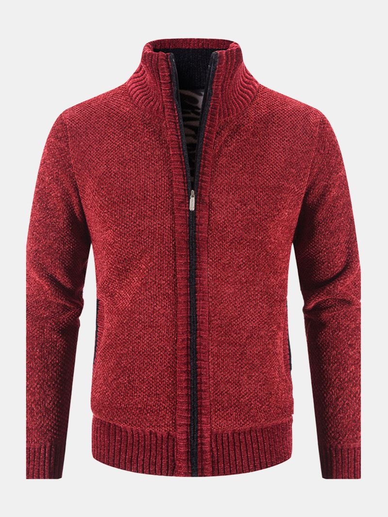 Mænd Strikket Plus Fløjl Elastiske Sømlommer Lynlås Pure Solid Sweater Cardigans