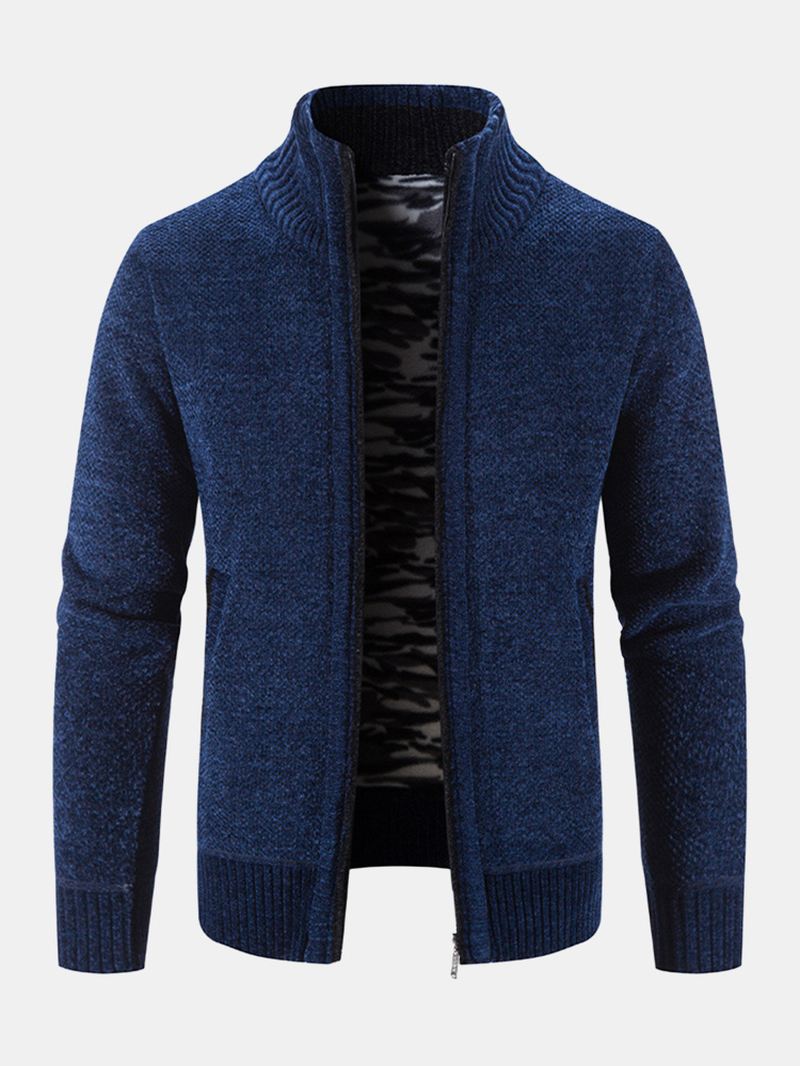 Mænd Strikket Plus Fløjl Elastiske Sømlommer Lynlås Pure Solid Sweater Cardigans