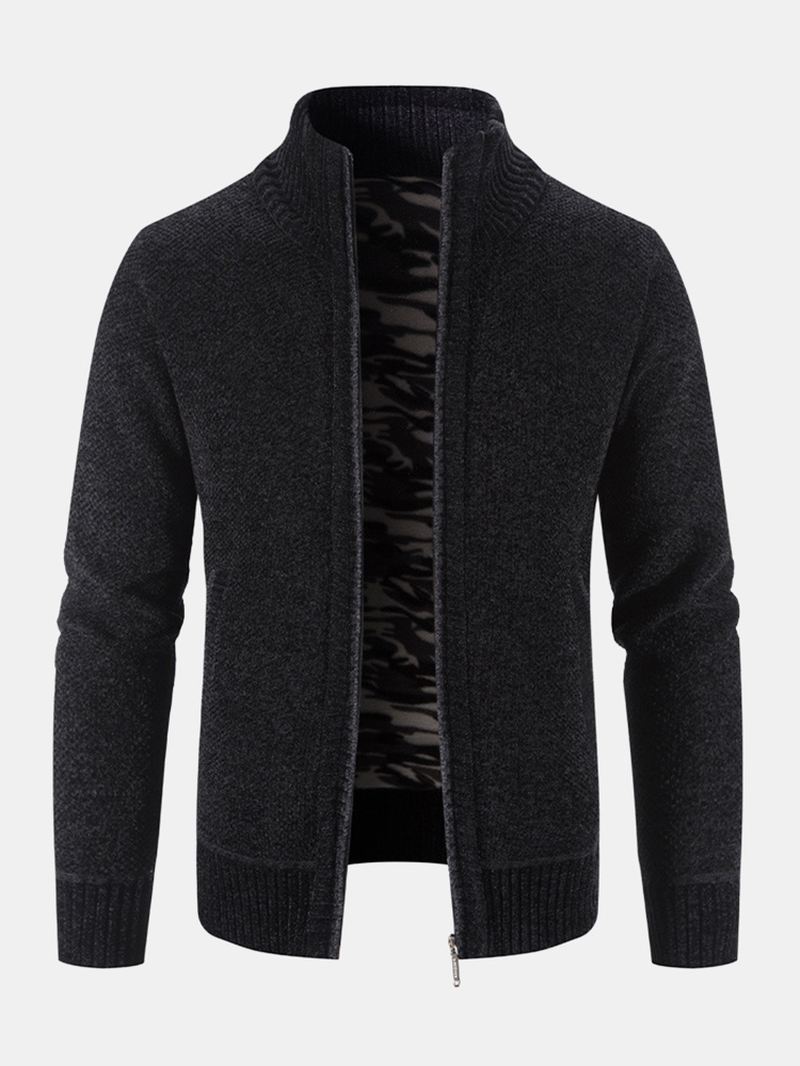 Mænd Strikket Plus Fløjl Elastiske Sømlommer Lynlås Pure Solid Sweater Cardigans