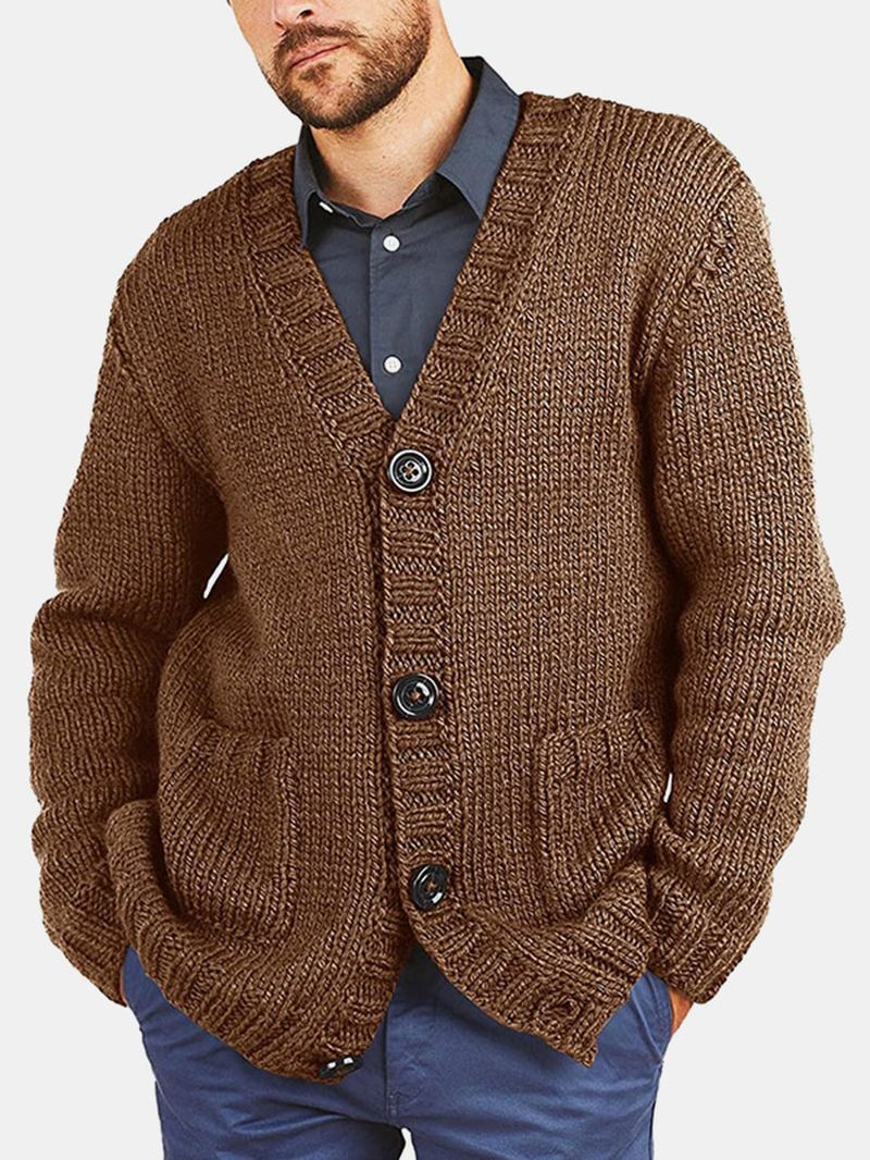 Mænd Vintage Strik Knap V-hals Dobbelt Lommer Casual Cardigans