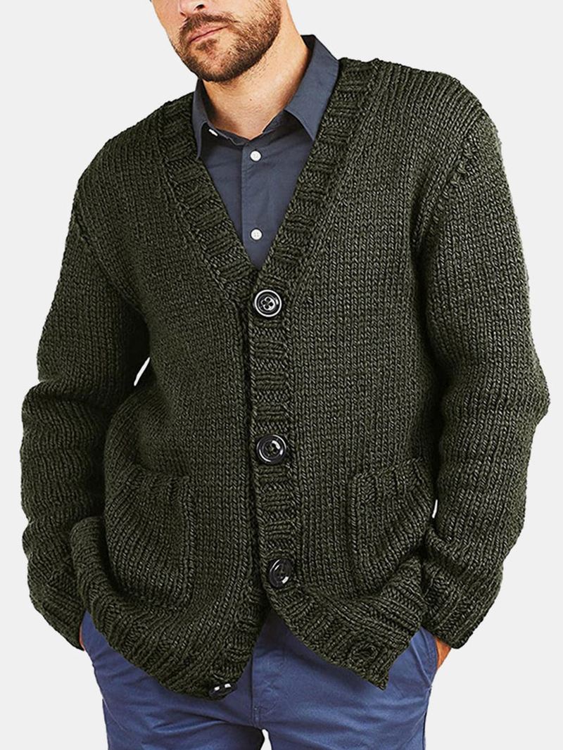 Mænd Vintage Strik Knap V-hals Dobbelt Lommer Casual Cardigans