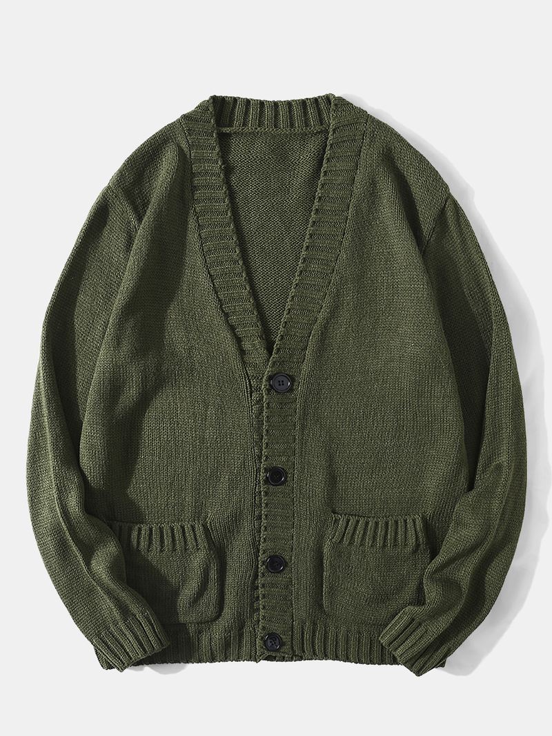 Mænd Vintage Strik Knap V-hals Dobbelt Lommer Casual Cardigans