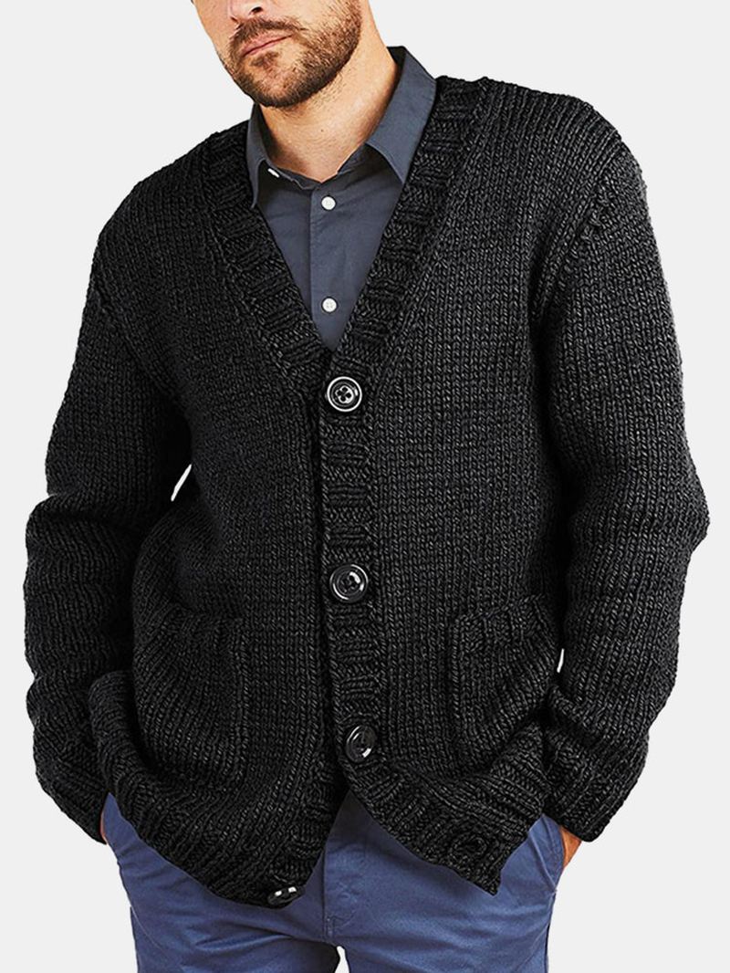 Mænd Vintage Strik Knap V-hals Dobbelt Lommer Casual Cardigans