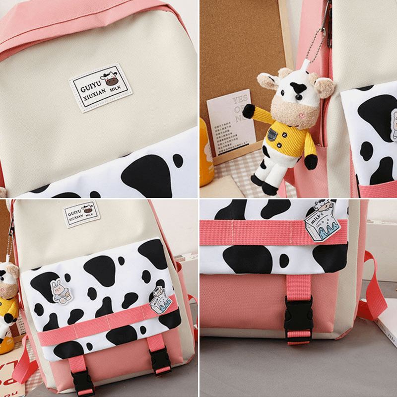 5 Stk Canvas Preppy Cow Pattern Multifunktion Kombinationstaske Rygsæk Tote Crossbody Taske Clutch Tegnebog