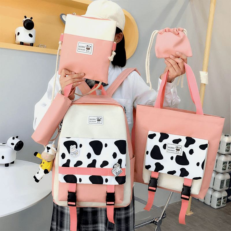 5 Stk Canvas Preppy Cow Pattern Multifunktion Kombinationstaske Rygsæk Tote Crossbody Taske Clutch Tegnebog