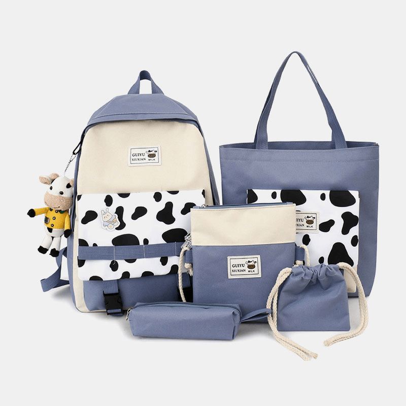 5 Stk Canvas Preppy Cow Pattern Multifunktion Kombinationstaske Rygsæk Tote Crossbody Taske Clutch Tegnebog