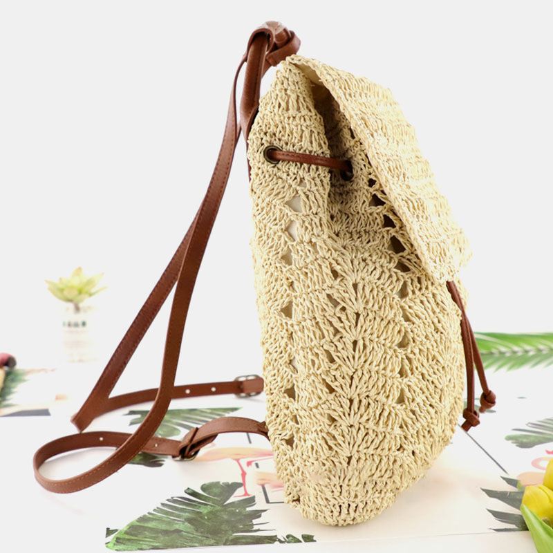 Kvinder Mori Series String Straw Bag Dual-use Woven Bag Retro Beach Bag Rygsæk