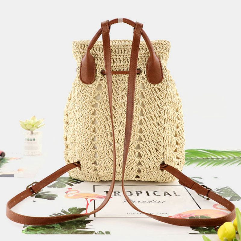 Kvinder Mori Series String Straw Bag Dual-use Woven Bag Retro Beach Bag Rygsæk