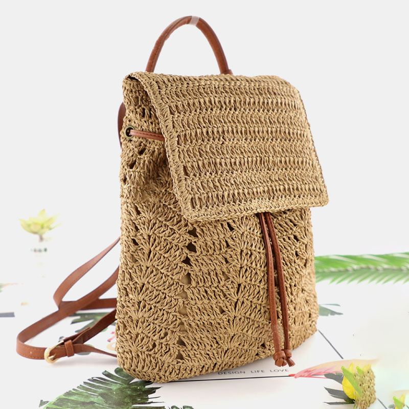 Kvinder Mori Series String Straw Bag Dual-use Woven Bag Retro Beach Bag Rygsæk