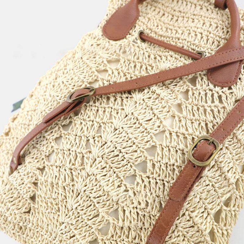 Kvinder Mori Series String Straw Bag Dual-use Woven Bag Retro Beach Bag Rygsæk