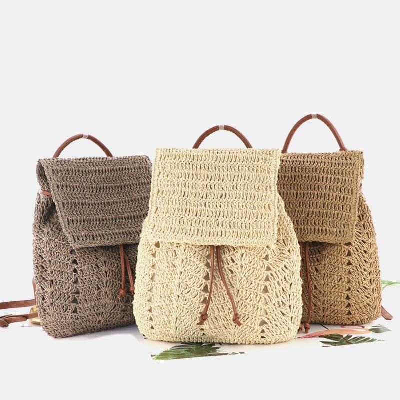 Kvinder Mori Series String Straw Bag Dual-use Woven Bag Retro Beach Bag Rygsæk