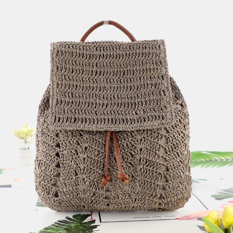 Kvinder Mori Series String Straw Bag Dual-use Woven Bag Retro Beach Bag Rygsæk