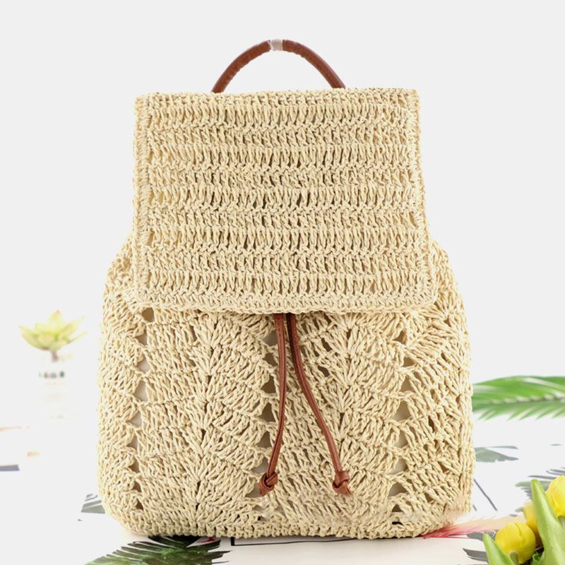 Kvinder Mori Series String Straw Bag Dual-use Woven Bag Retro Beach Bag Rygsæk