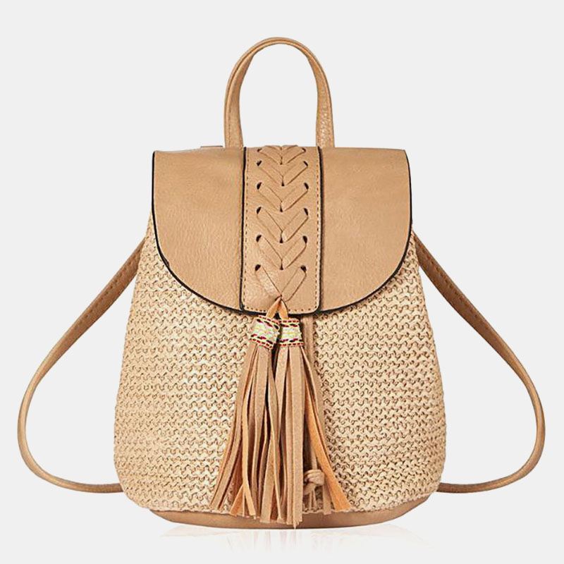 Kvinder Tassel Straw Bag Retro Beach Bag Rygsæk Bucket Bag