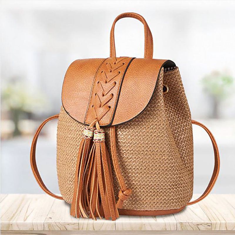 Kvinder Tassel Straw Bag Retro Beach Bag Rygsæk Bucket Bag