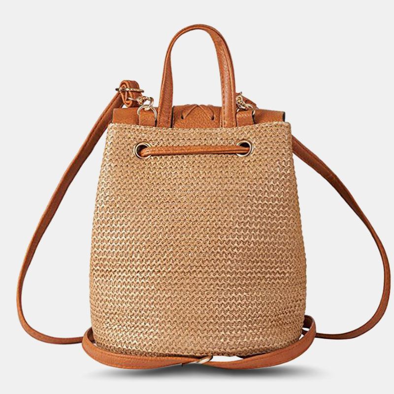 Kvinder Tassel Straw Bag Retro Beach Bag Rygsæk Bucket Bag