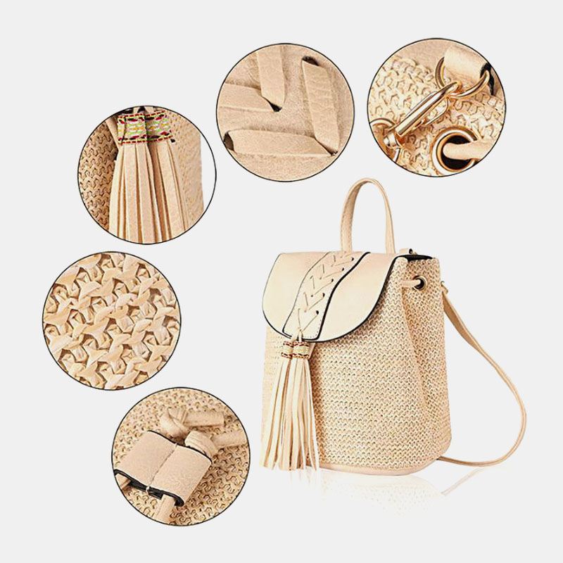 Kvinder Tassel Straw Bag Retro Beach Bag Rygsæk Bucket Bag