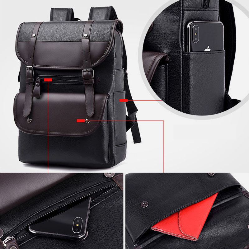 Mænd Pu Læder Hasp Stor Kapacitet Rygsæk Multi-pocket Vandtæt 15.6 Tommer Laptop Taske Mode Wild Travel Bag