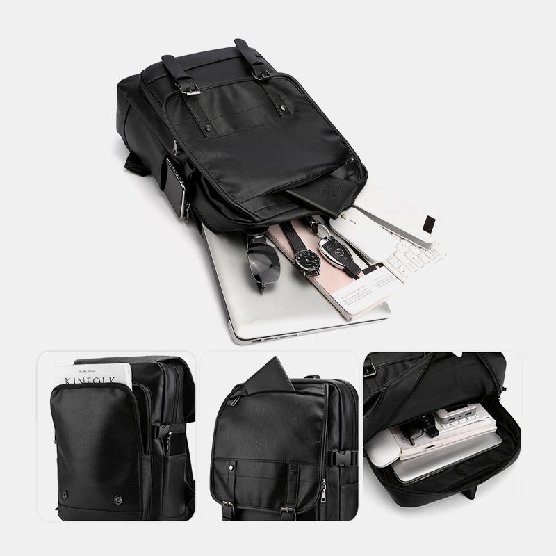 Mænd Pu Læder Multi-pocket Rygsæk Casual Travel Large Capacit Laptop Bag Skuldertaske