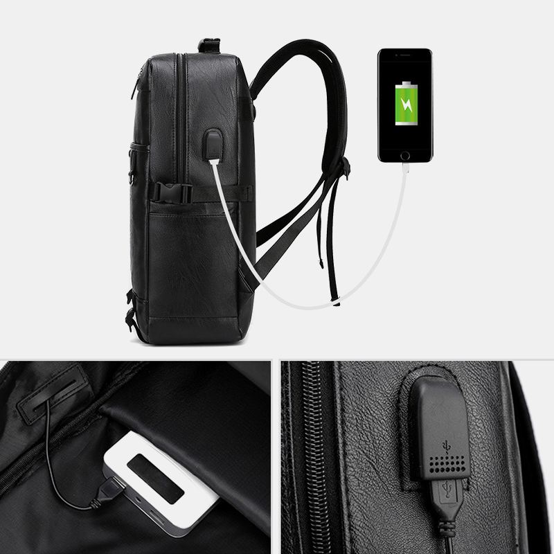 Mænd Usb-opladning Multipocket Pu-læderrygsæk Mode Casual Stor Kapacitet 15.6 Tommer Bærbar Taske