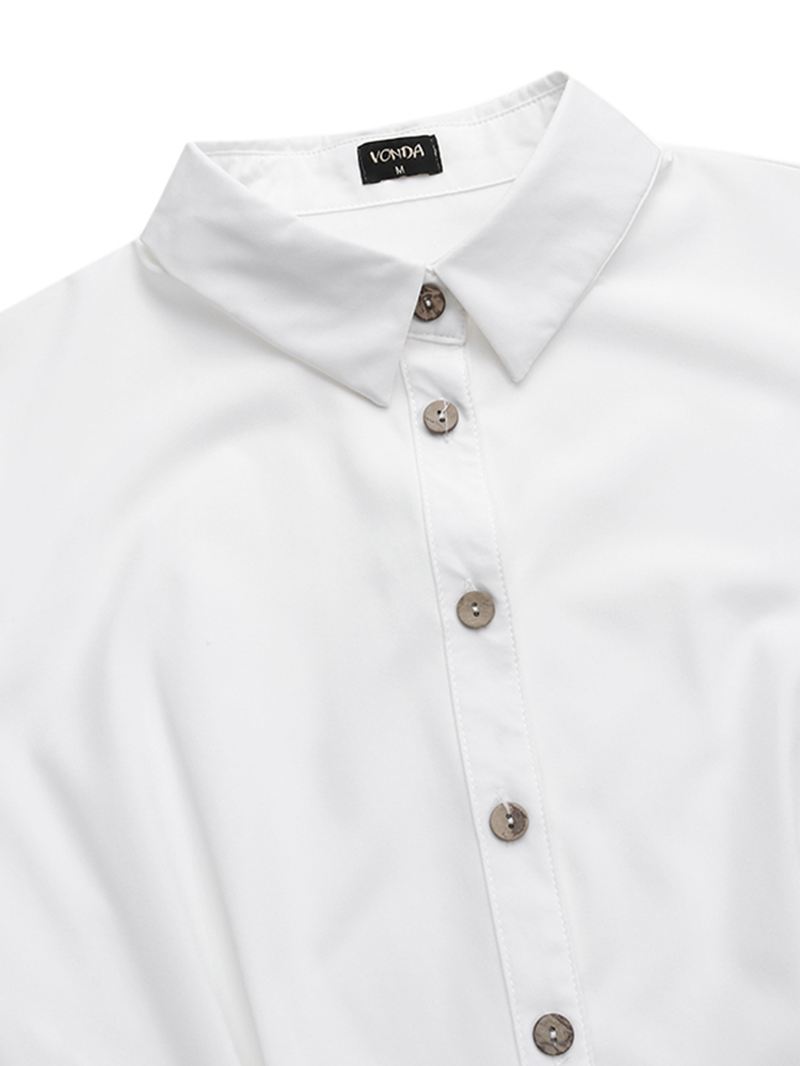 Kvinder Basic Button Down Front Revers Ensfarvet Langærmet Skjortekjole