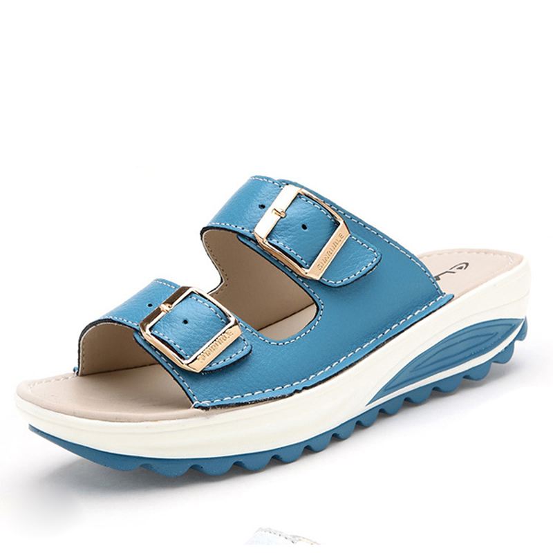 Blødt Læderspænde I Stor Størrelse Peep Toe Hjemmesko Slip On Beach Platform Sandaler