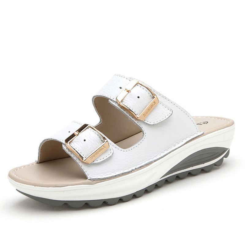 Blødt Læderspænde I Stor Størrelse Peep Toe Hjemmesko Slip On Beach Platform Sandaler