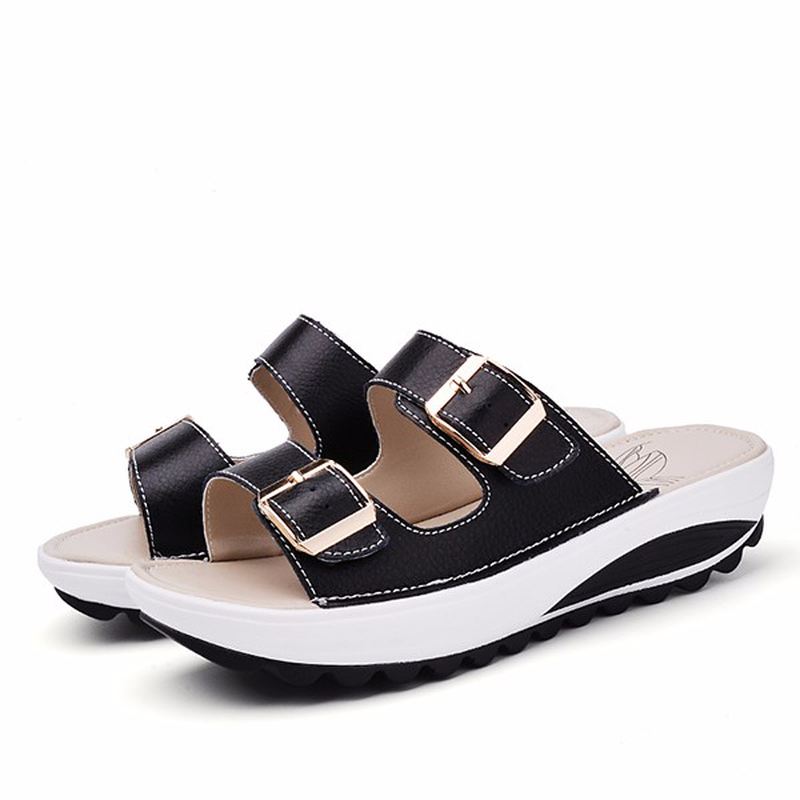 Blødt Læderspænde I Stor Størrelse Peep Toe Hjemmesko Slip On Beach Platform Sandaler