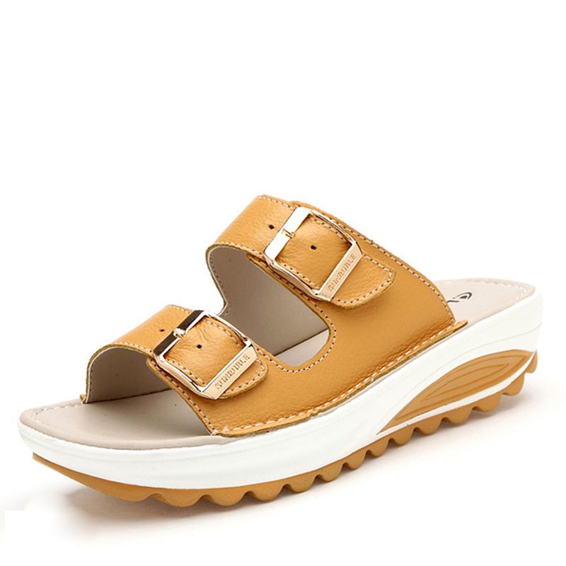 Blødt Læderspænde I Stor Størrelse Peep Toe Hjemmesko Slip On Beach Platform Sandaler