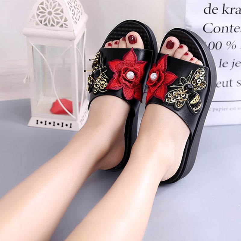 Kvinder Sommersandaler Slip On Soft Sole Blomster Brodery Hjemmesko