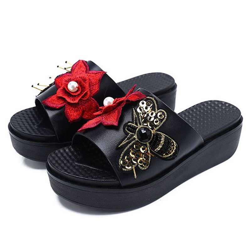 Kvinder Sommersandaler Slip On Soft Sole Blomster Brodery Hjemmesko