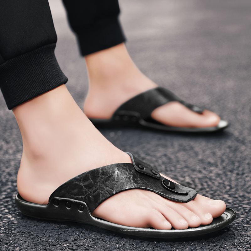 Mænd Læder Åndbar Blød Sål Skridsikker Udendørs Flip Flops Casual Hjemmesko