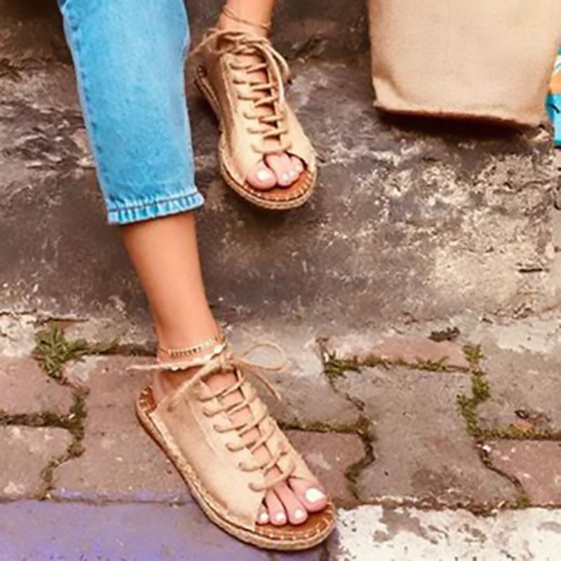 Stor Størrelse Kvinder Casual Peep Toe Strappy Espadrilles Flade Sandaler