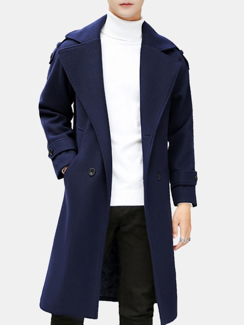 Herre Slim Mid Lang Dobbeltradet Tyk Varm Stilfuld Trench Coat Ulden Overfrakke