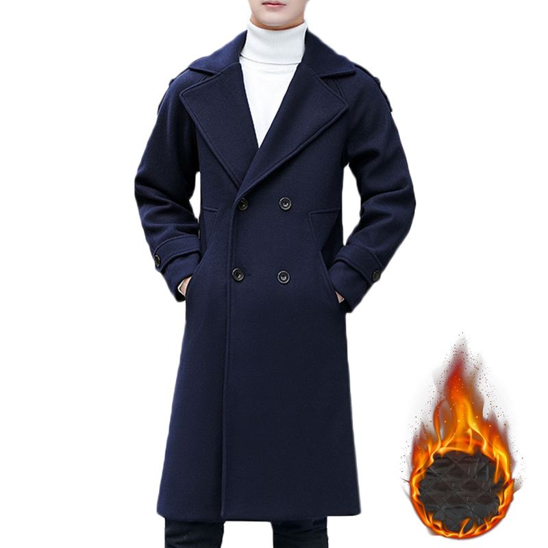 Herre Slim Mid Lang Dobbeltradet Tyk Varm Stilfuld Trench Coat Ulden Overfrakke