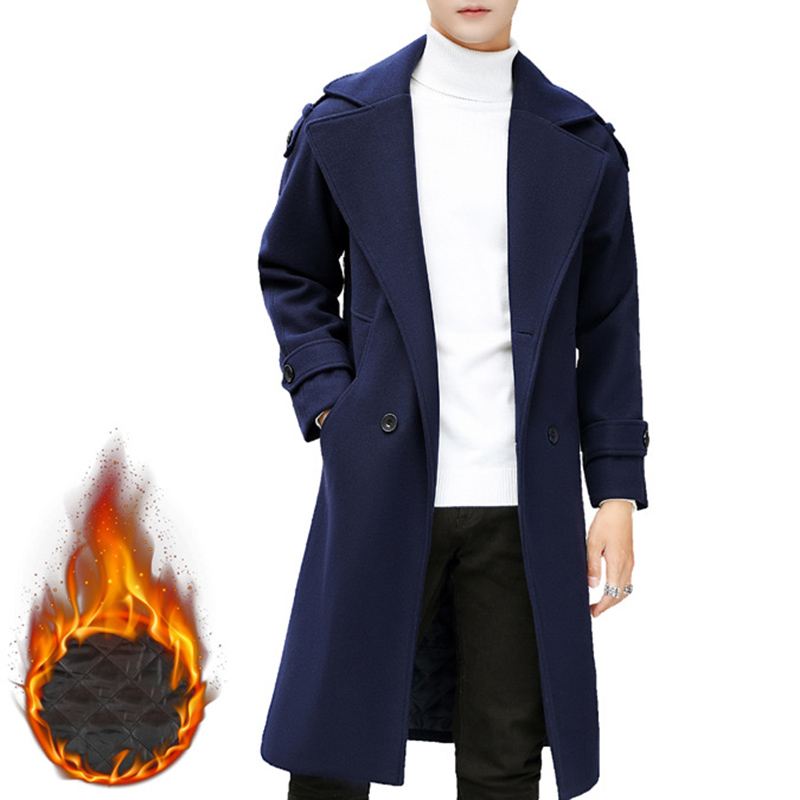 Herre Slim Mid Lang Dobbeltradet Tyk Varm Stilfuld Trench Coat Ulden Overfrakke