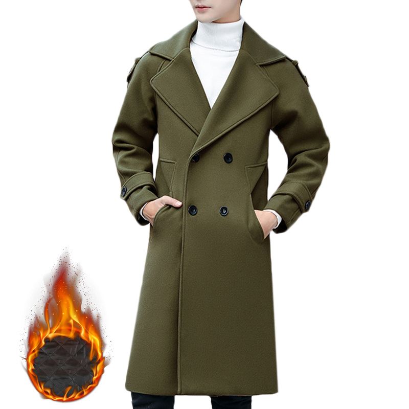 Herre Slim Mid Lang Dobbeltradet Tyk Varm Stilfuld Trench Coat Ulden Overfrakke